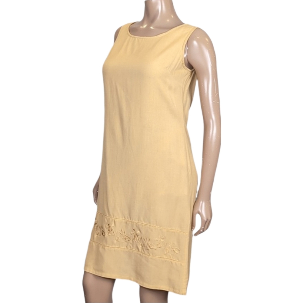Vintage Jessica Sleeveless Dress Linen Blend Embroidered Summer Yellow Womens 8